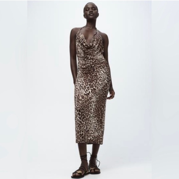 NWT Zara Animal Leopard Print Drape Modi Dress M L - Picture 10 of 14